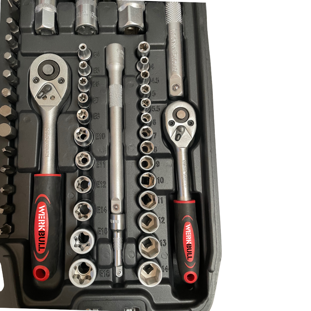 Комплект: Крик "Крокодил" 2 тона с куфар WerkBull + Професионално Гедоре с 216 части WerkBull