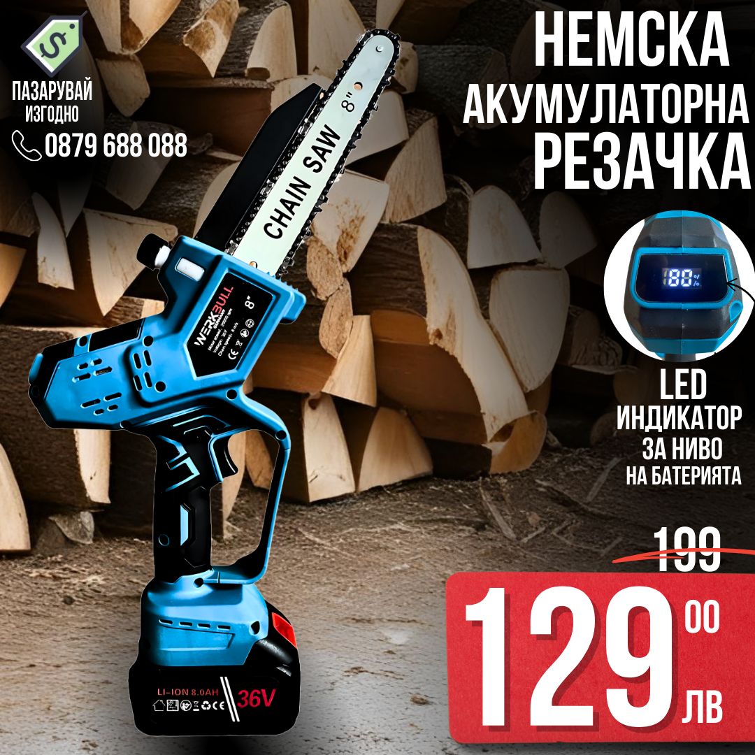 Немска акумулаторна Безчеткова резачка 25см с Автоматично Омасляване и дисплей за нивото на батерията + две закалени вериги