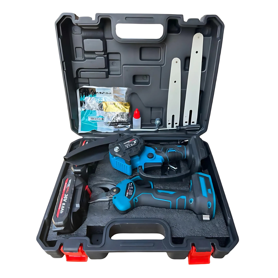 Промо 3в1 комплект WerkBull Акумулаторна Лозарска ножица с дисплей и Мини Трион с автоматично омасляване + Телескопичен Прът