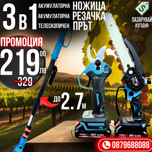 Промо 3в1 комплект WerkBull Акумулаторна Лозарска ножица с дисплей и Мини Трион с автоматично омасляване + Телескопичен Прът