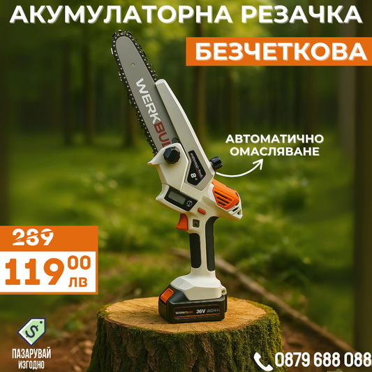Немска Акумулаторна Безчеткова резачка за дърва WerkBull с омасляване и две батерии