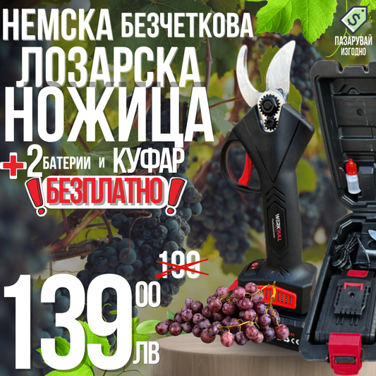 Немска Градинска Акумулаторна Безчеткова Ножица WERKBULL /36V 8Ah/ + две батерии и масло