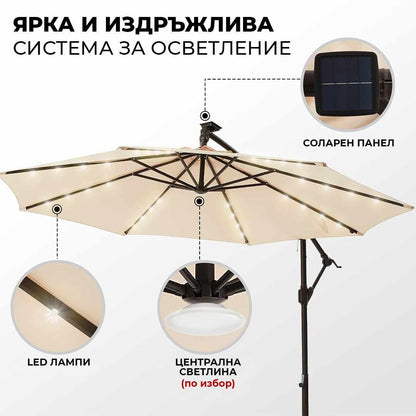 Градински чадър с 8 ребра и LED осветление