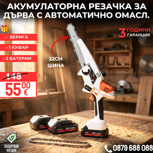 Немска Акумулаторна Безчеткова резачка за дърва WerkBull с омасляване и две батерии