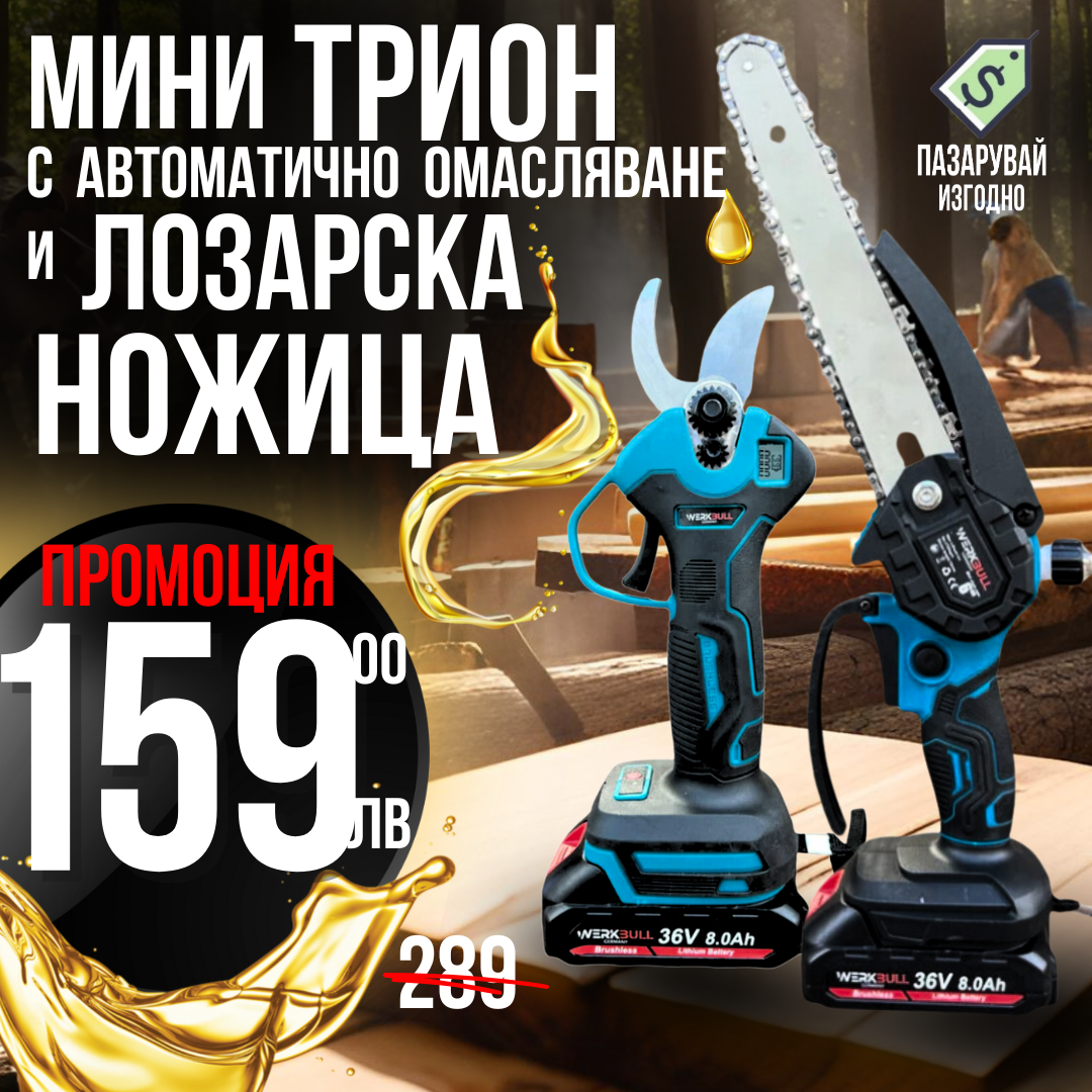 Промо 2в1 комплект WerkBull Акумулаторна Лозарска ножица с дисплей и Мини Трион с автоматично омасляване