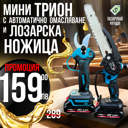 Промо 2в1 комплект WerkBull Акумулаторна Лозарска ножица с дисплей и Мини Трион с автоматично омасляване