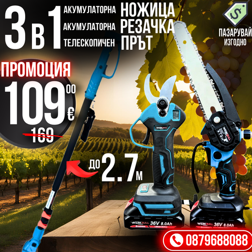Промо 3в1 комплект WerkBull Акумулаторна Лозарска ножица с дисплей и Мини Трион с автоматично омасляване + Телескопичен Прът