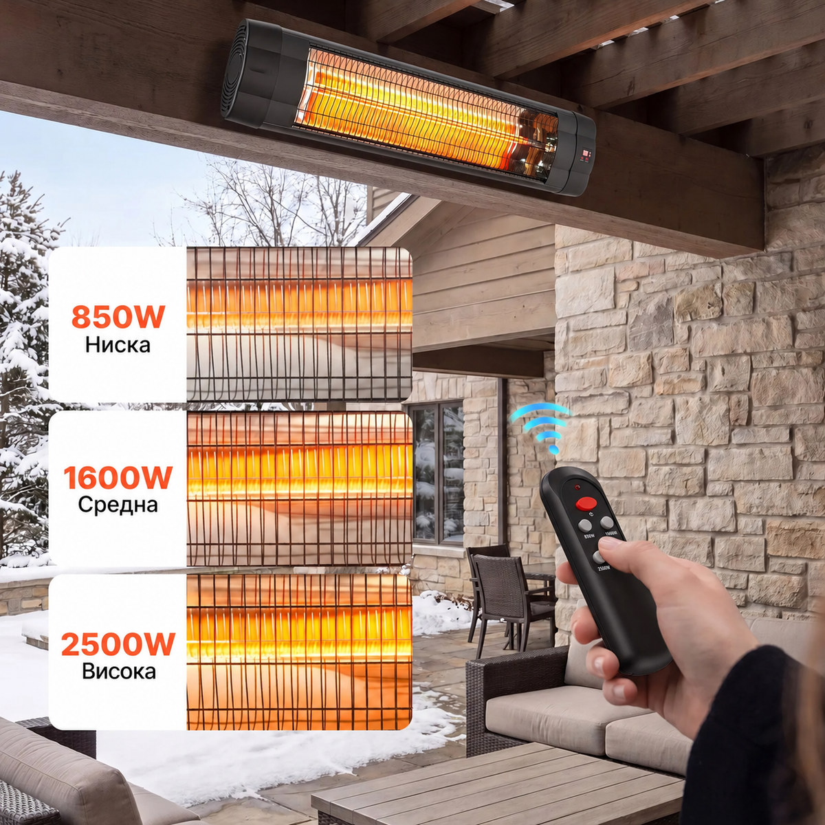 Стоящ инфрачервен отоплител 2500W с дистанционно, 3 степени и регулируема височина