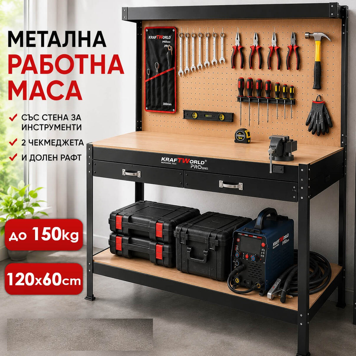 Работна маса KraftWorld PRO с табло и чекмедже 120×60×155 см - снимка 2