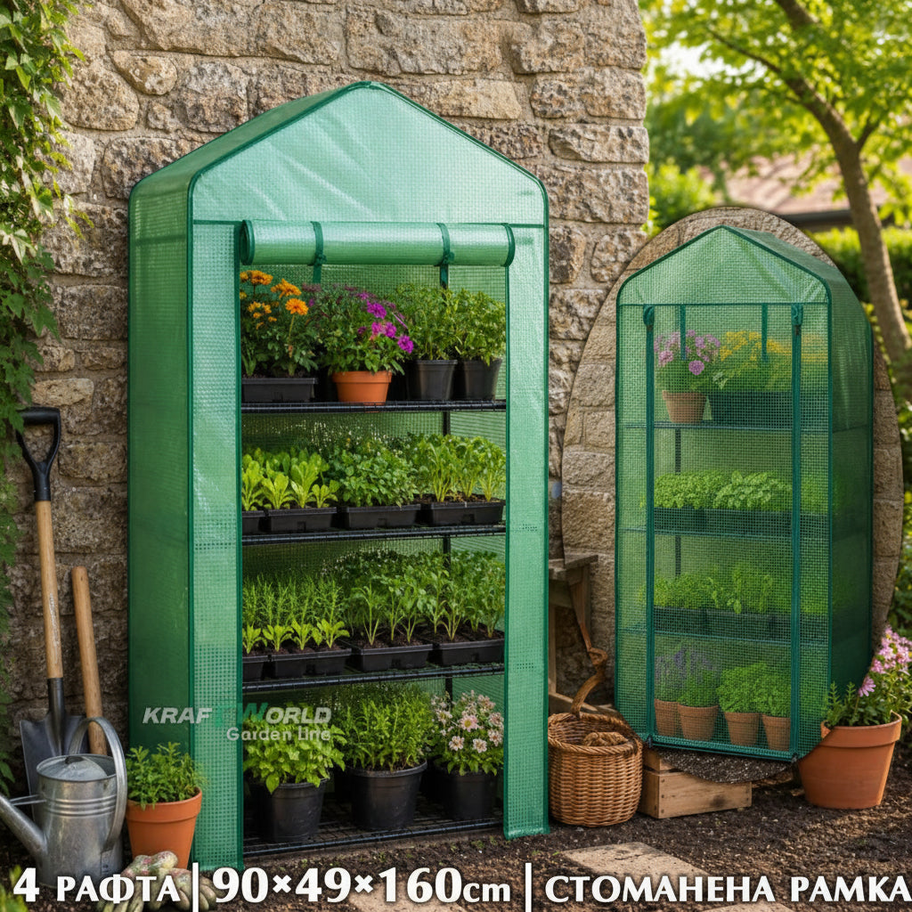 Мини парник-оранжерия за разсад с 4 рафта – 90×49×160 см, стоманена рамка