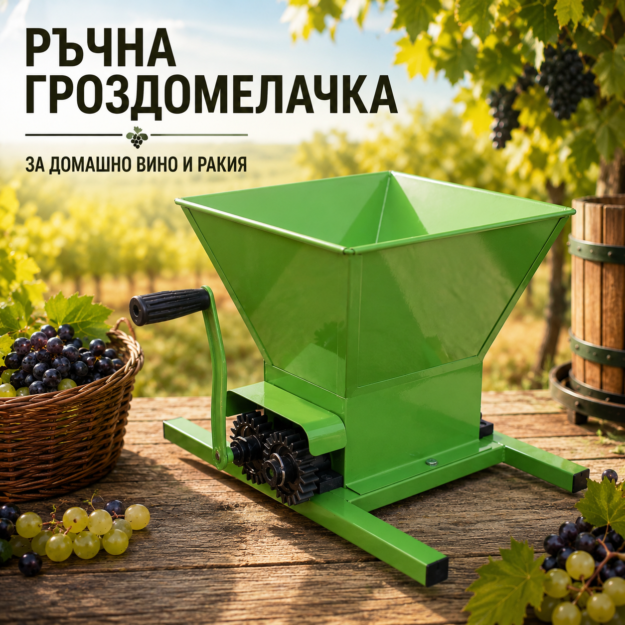 Ръчна гроздомелачка за домашно вино и ракия – до 500 кг/ч